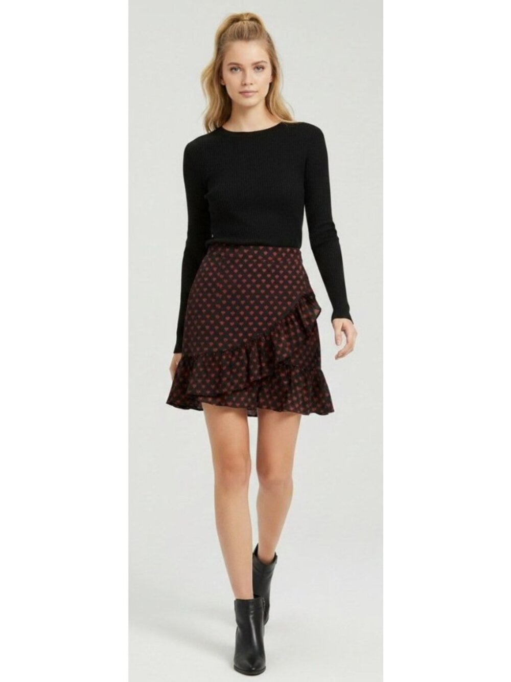 Maison Jules Heart Printed Cross-Ruffled Skirt, Black/ Red, Size M